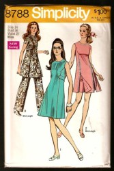 8788  SIMPLICITY  1970 SLEEVES /MINI OR NOT DRESS,  PANTS PATTERN 10, 12 UNCUT